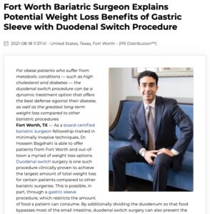 Dr. Hossein Bagshahi Offers Gastric Sleeve Plus Duodenal Switch at Fort Worth Practice